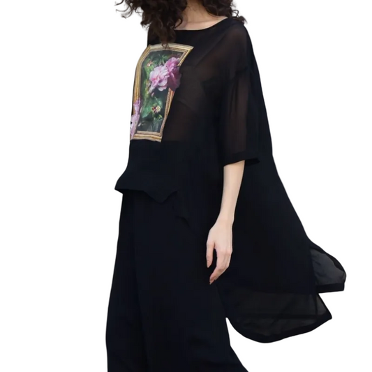 Curate black chiffon floral print top, size M, 12-14