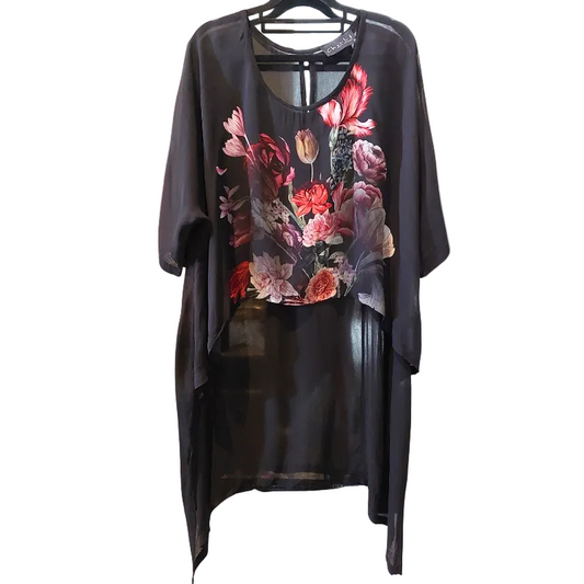 Chocolat black chiffon floral print top, size 14