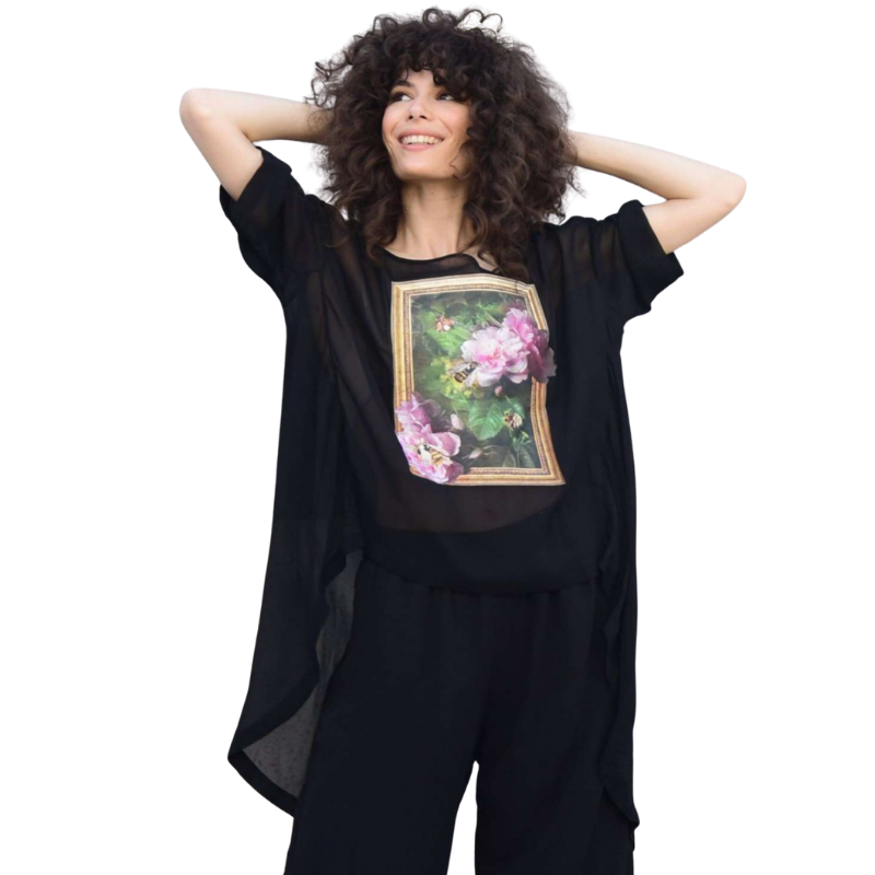 Curate black chiffon floral print top, size M, 12-14