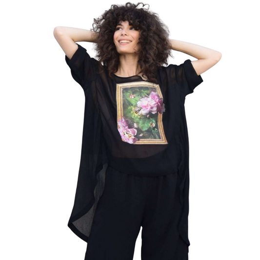 Curate black chiffon floral print top, size M, 12-14