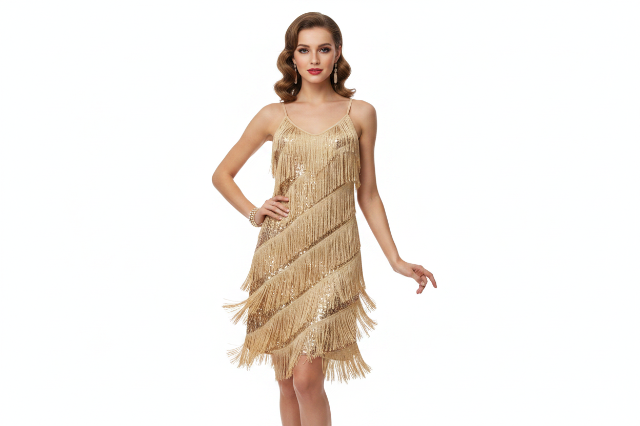 Gold tassel flapper Gatsby 1920's party dress, size 10/12