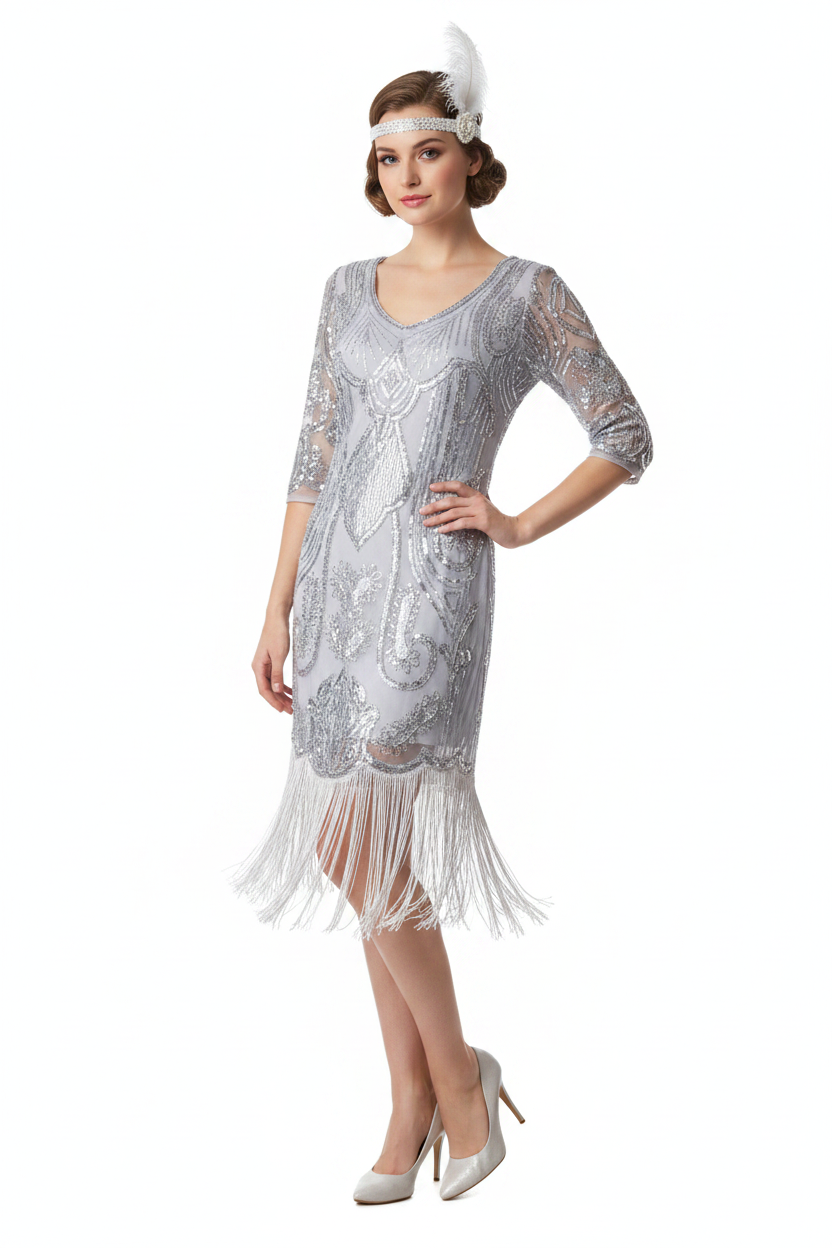 HIRE-Silver 1920's Flapper/Gatsby Dress, size 10