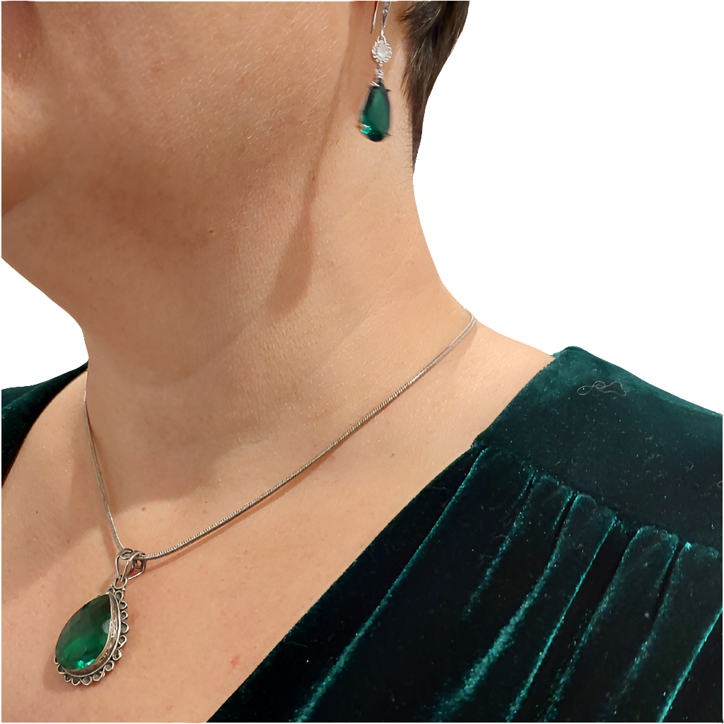 NEW green quartz crystal silver pendant/plated earrings