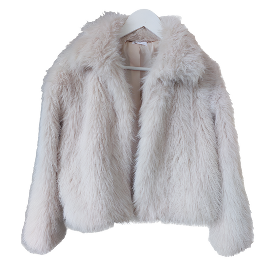Beige fluffy faux fur jacket, size 14, fits 14-16-HIRE