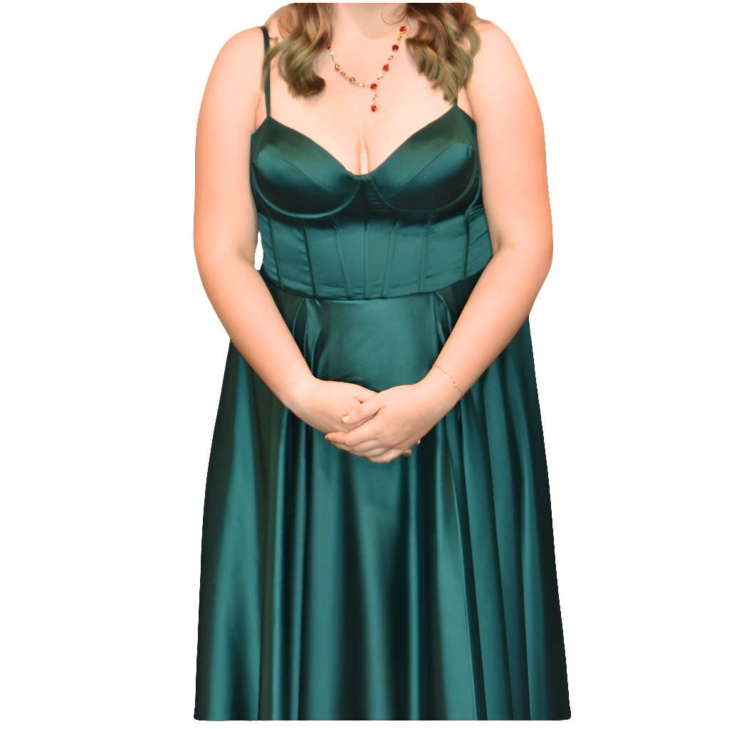 Ladivine By Cinderella Divine green satin silk dress, size 16-HIRE