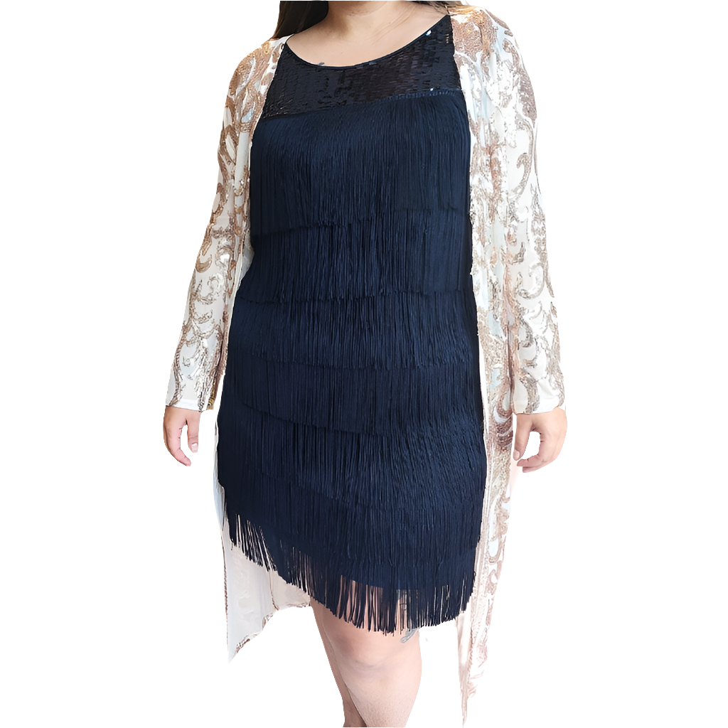 NEW Roman navy sequin top tassel dress, size 14-16-HIRE