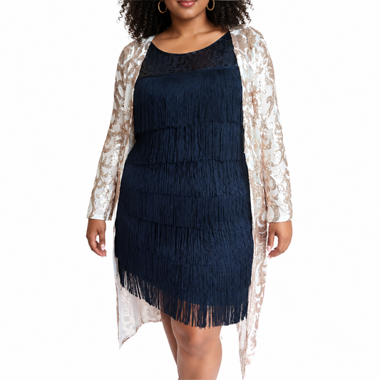 Roman navy sequin top tassel/flapper dress, size 14-16-HIRE