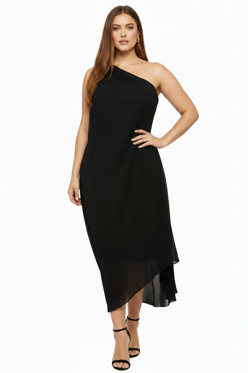 Black pleated chiffon cocktail dress, size 14