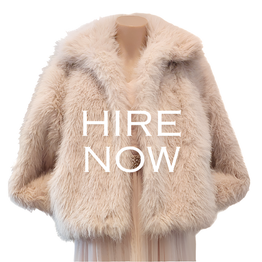 Beige fluffy faux fur jacket, size 10, fits 10-12-HIRE