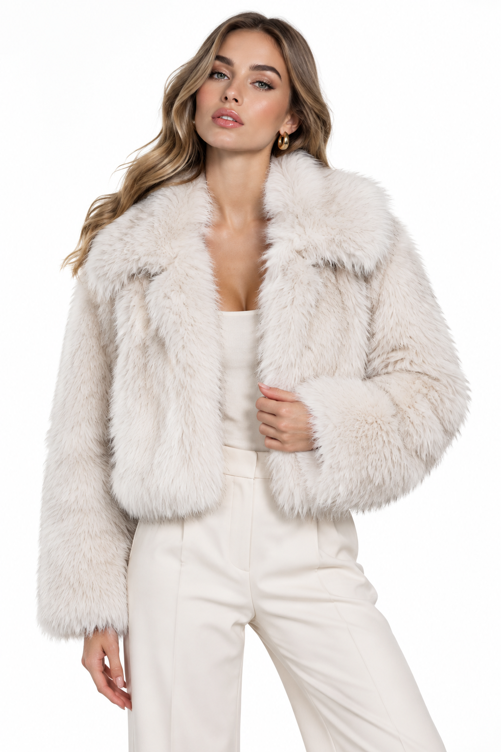 HIRE-Beige fluffy faux fur jacket, size 10, fits 10-12