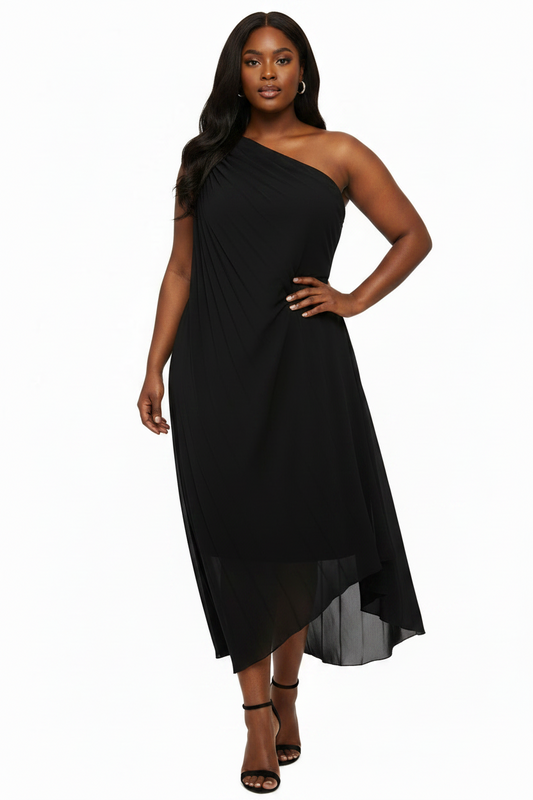 Black pleated chiffon cocktail dress, size 14