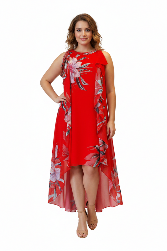 Harlow orange red floral high low dress, size 18