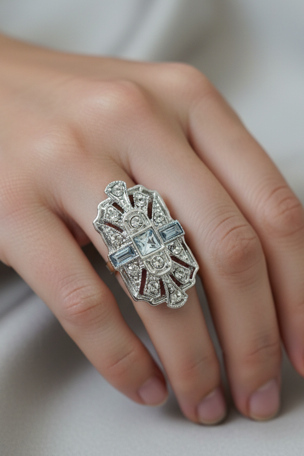 Silver SIM CZ art deco silver ring, size 9-HIRE