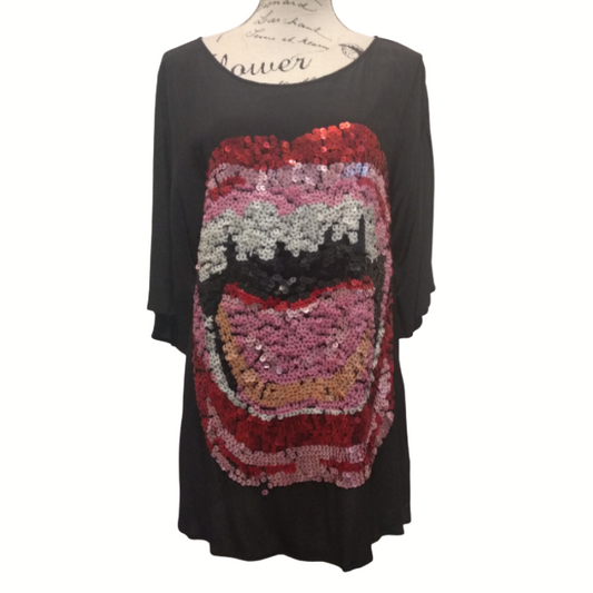 Charlie Brown black sequin hot lips top, size 10