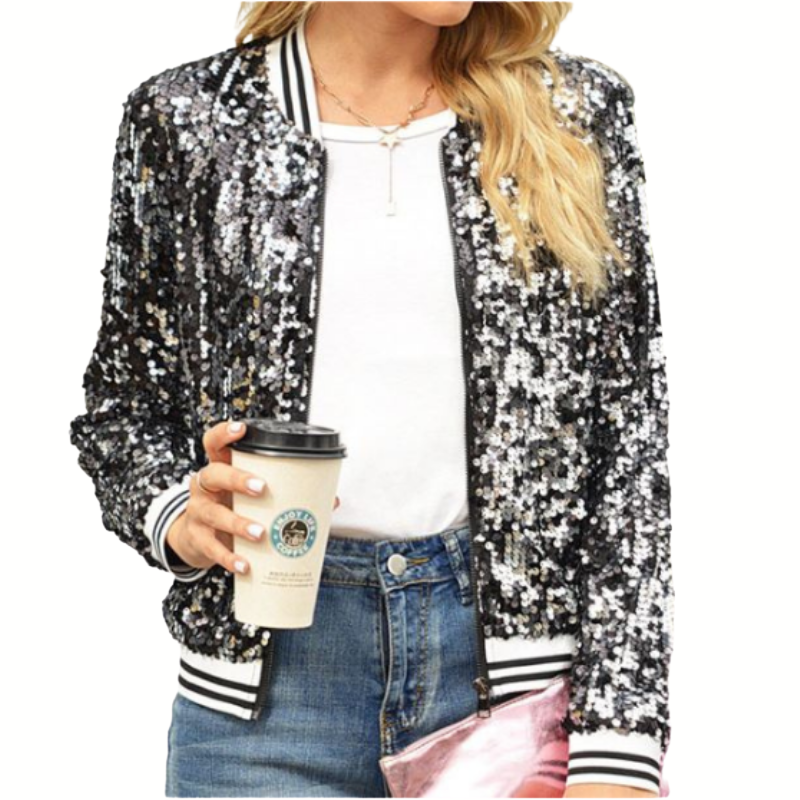 NEW black & silver sequin bomber jacket size 8, 10, 12