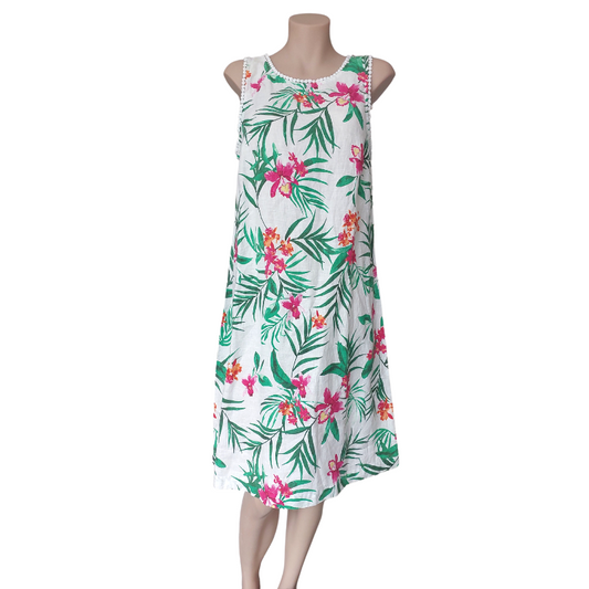 White pink & green floral linen dress, size 10