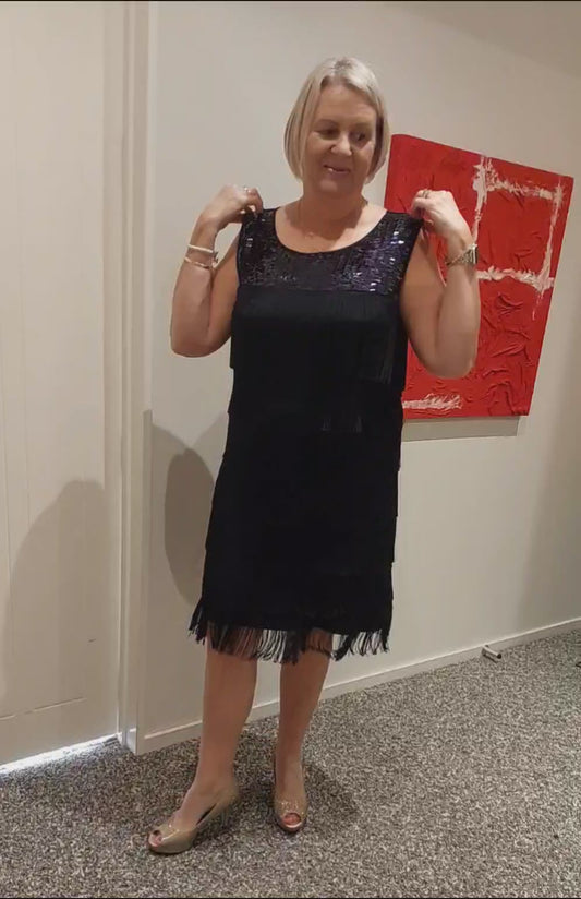 Roman navy sequin top tassel/flapper dress, size 14-16-HIRE