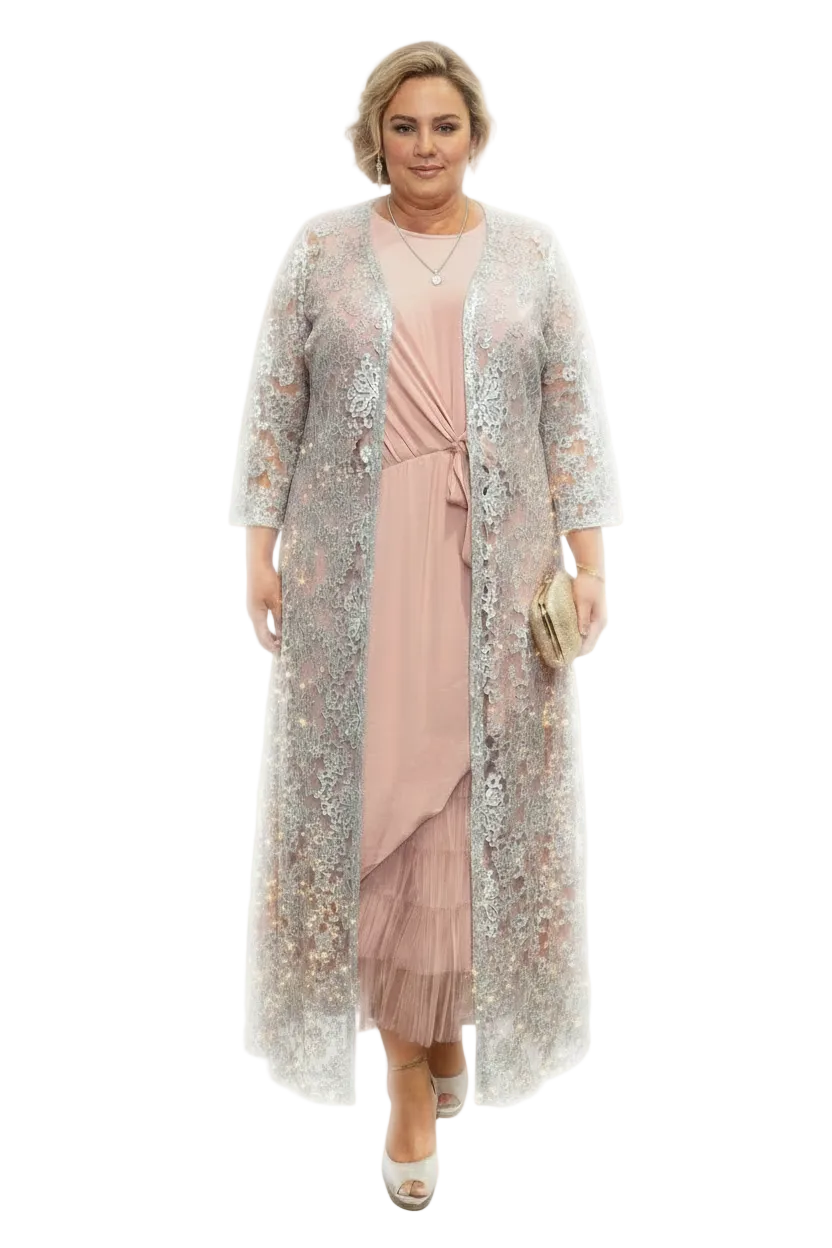 State Of Play peach silky dress/tulle skirt /silver coat, size 18- HIRE