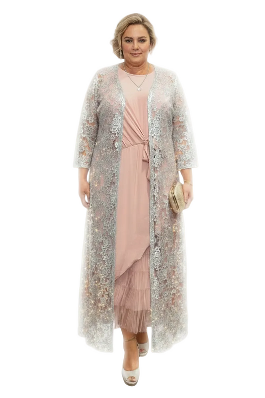 State Of Play peach silky dress/tulle skirt /silver coat, size 18- HIRE