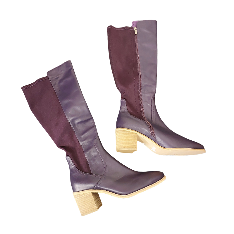 Minx Awaken purple leather/suede knee high boots, size 42