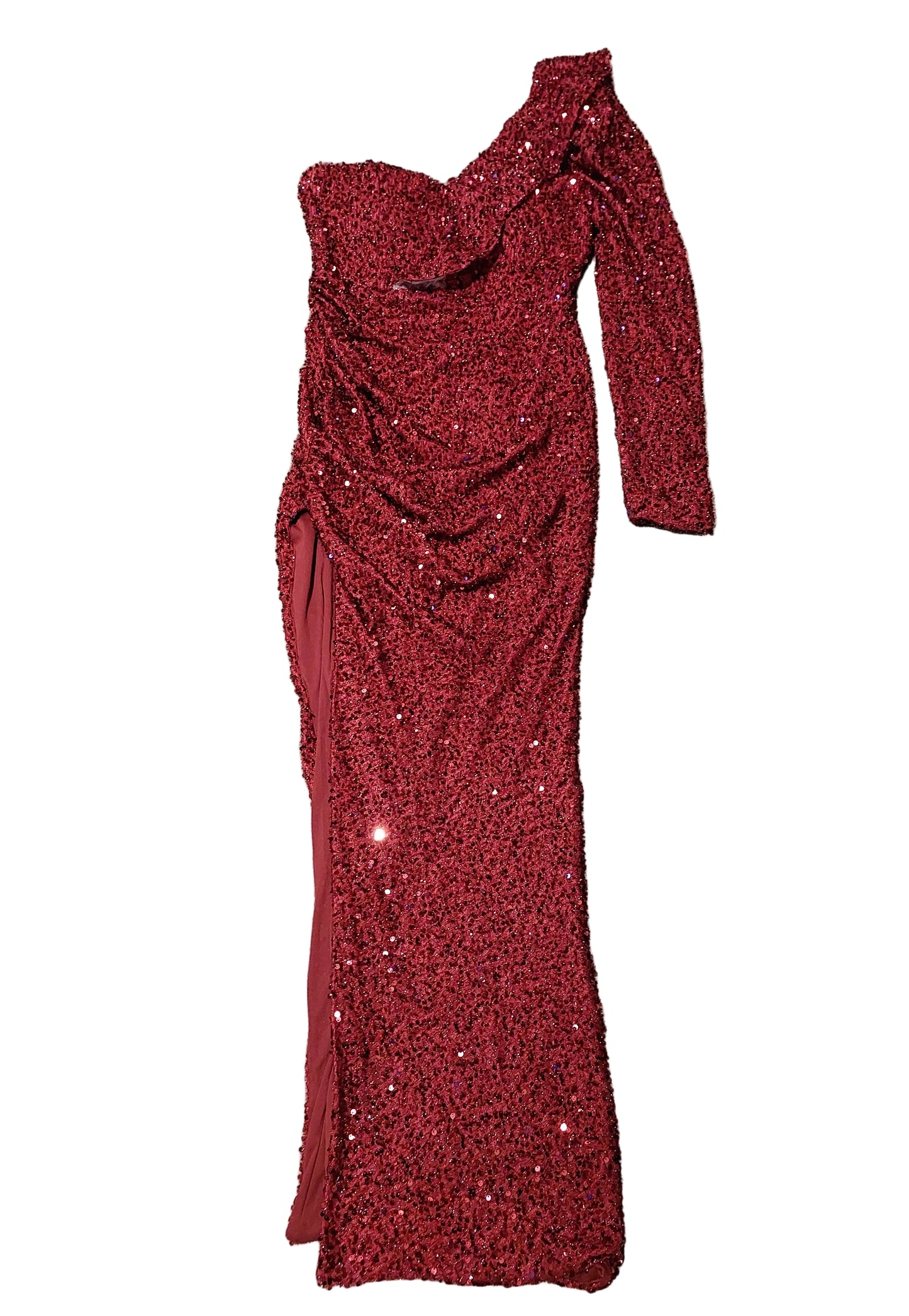 Burgundy sequin one sleeve formal dress, size 14
