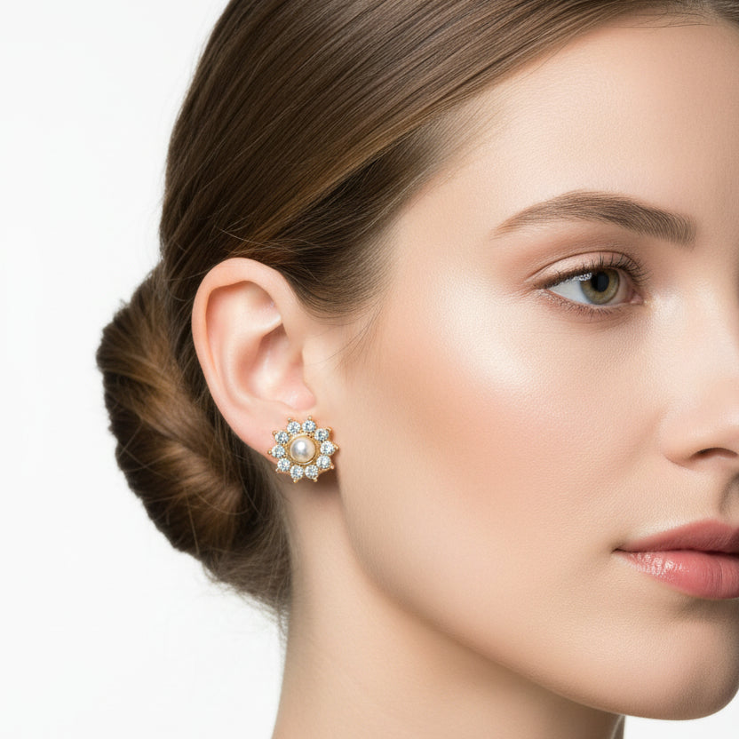 NEW pearl gold plated CZ clip on earrings