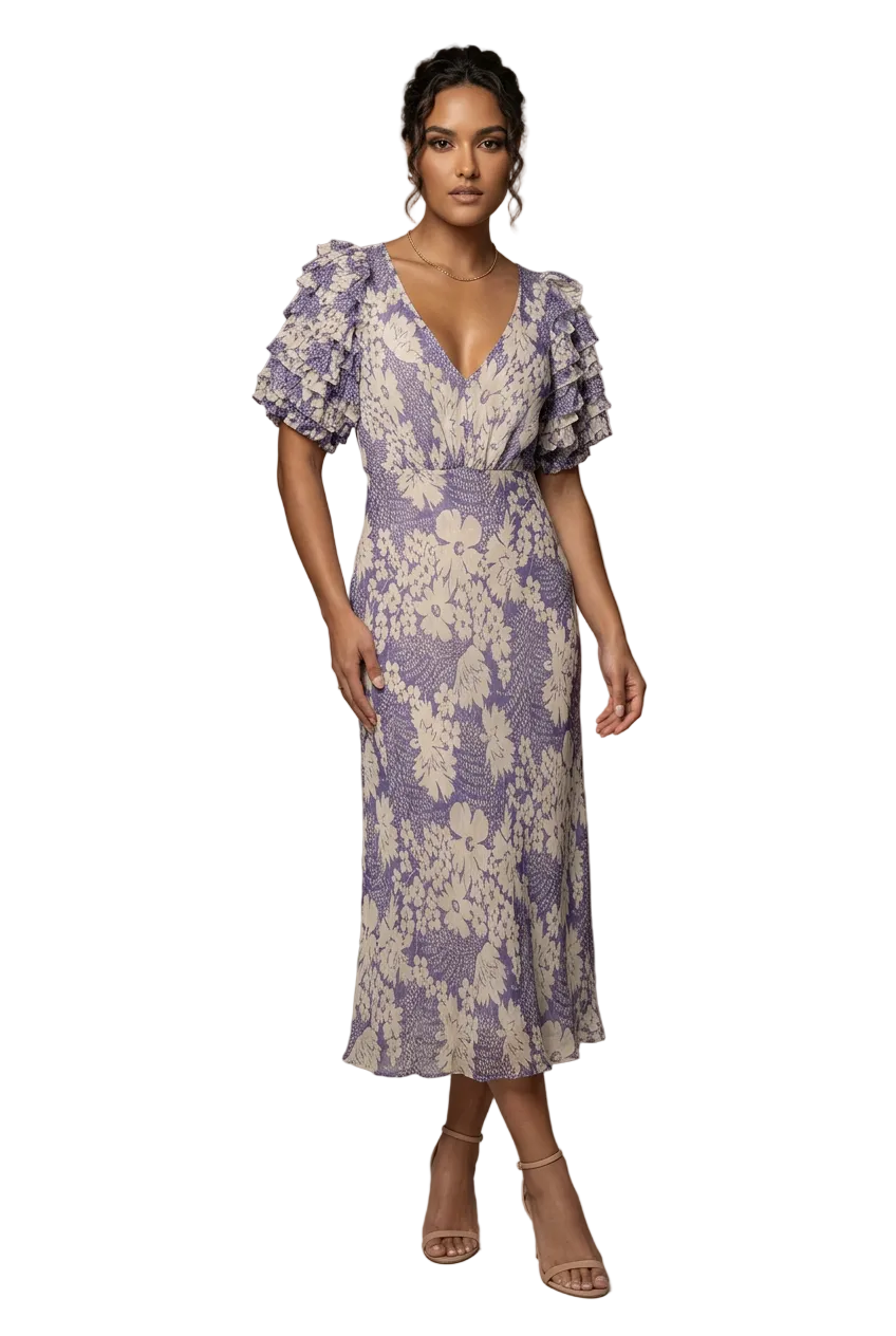 Purple ivory floral silk dress, size 10