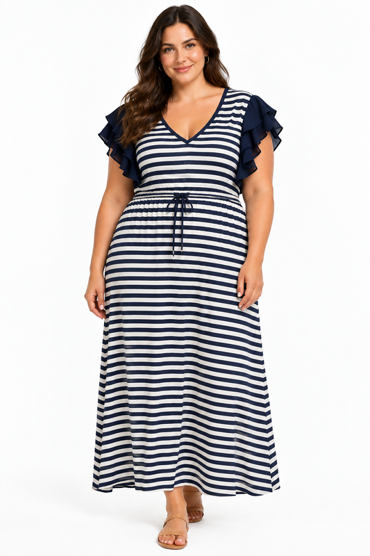 Stella Royal navy & white striped maxi cotton dress, size 2/16-18