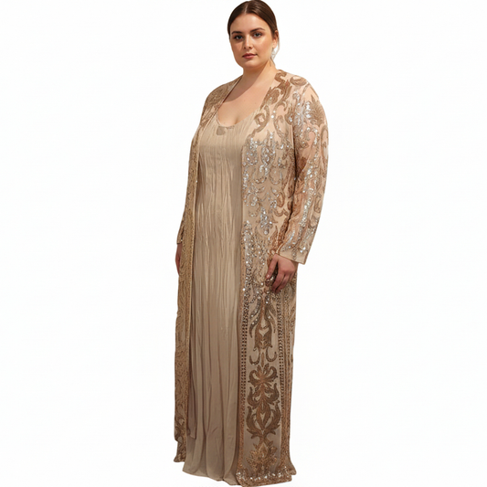 Caramel crushed petticoat & rose gold sequin coat & Magazine slip, size 16-HIRE