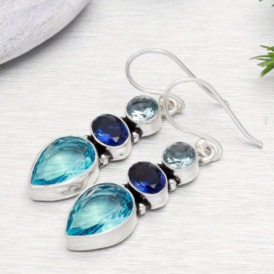 NEW blue, navy, aqua, teardrop silver plated earrings