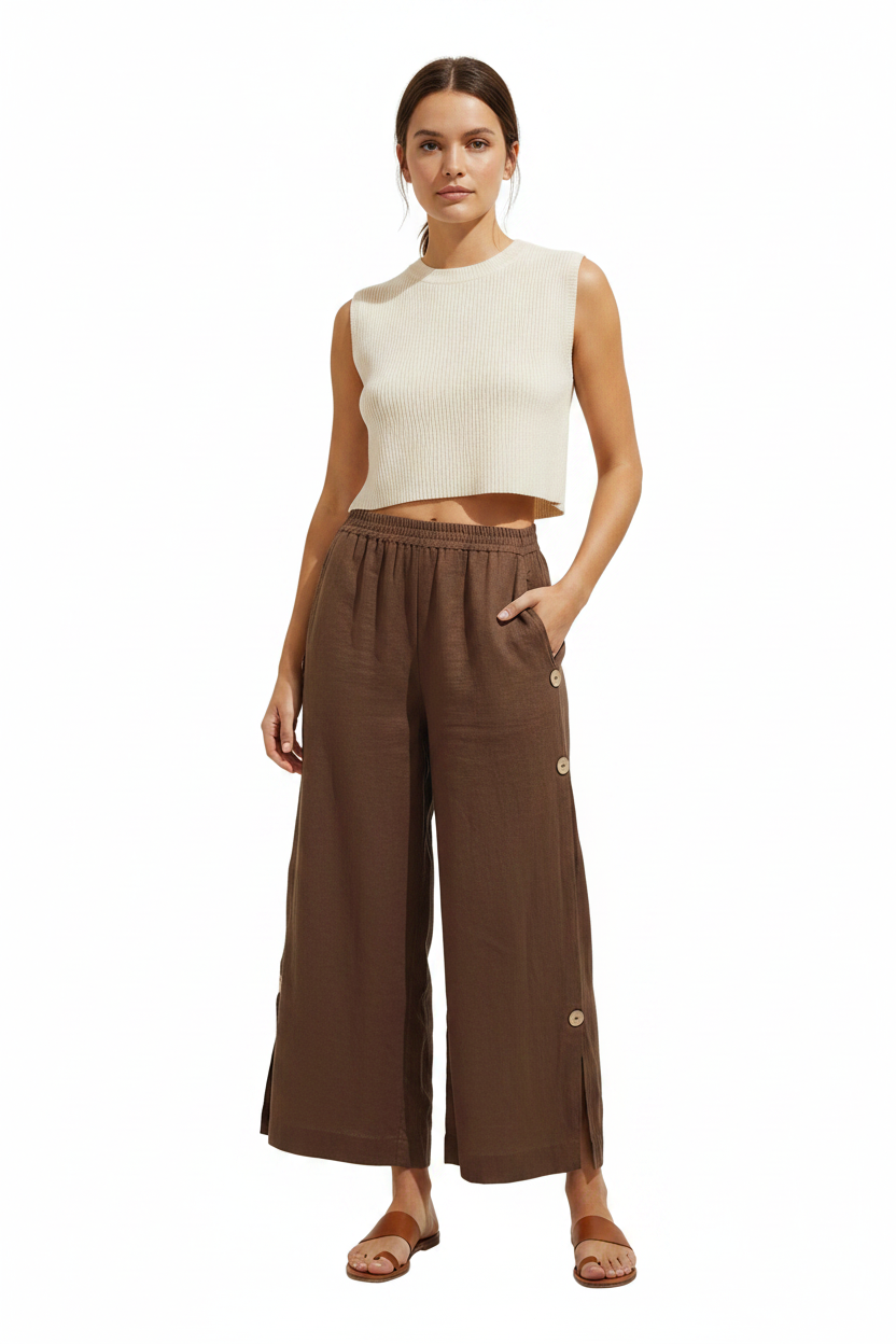 Angel Lace brown linen 7/8 wide leg pants, size 8
