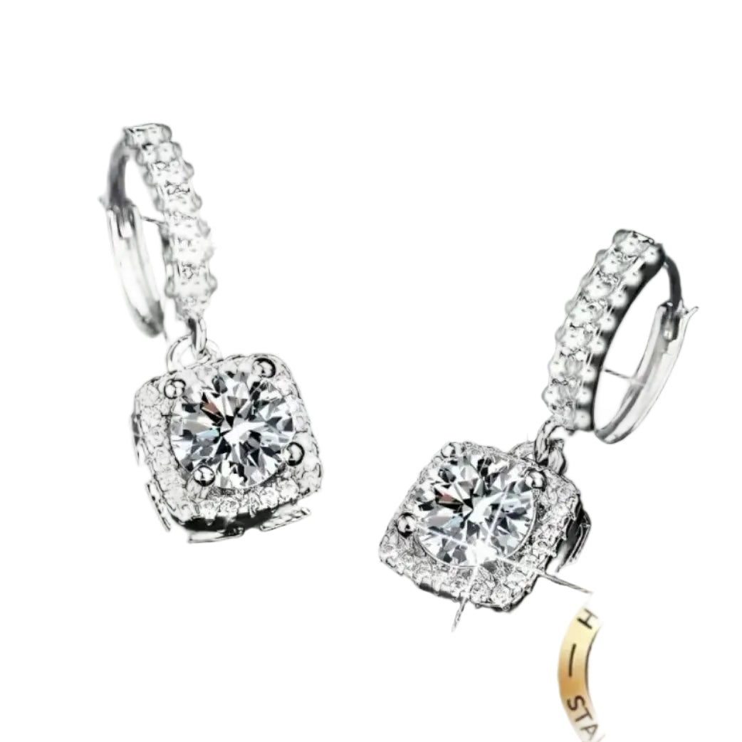 NEW Silver plated stainless steel CZ square drop earrings