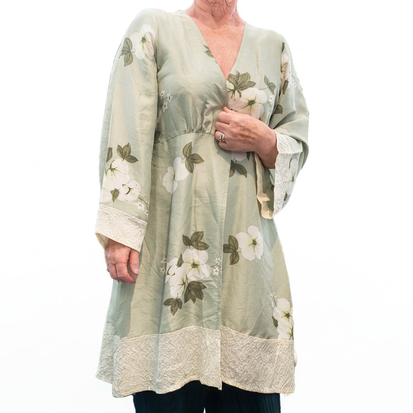 TCD pale green floral silk duster coat, size 10