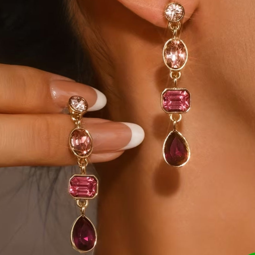 New 4 tone pink crystal drop earrings, gold plated