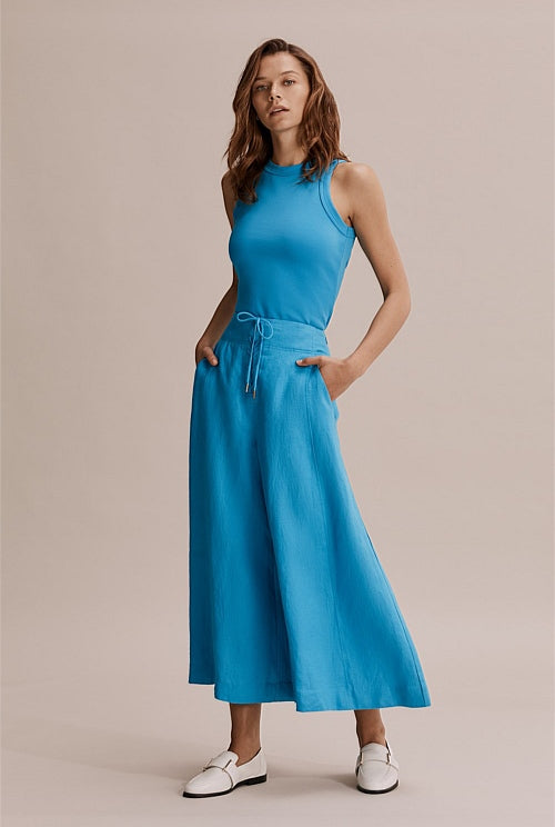 Country Road aqua linen cropped wide leg callots, size 8