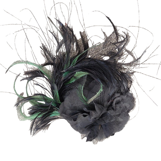 Black, green feather fascinator-HIRE