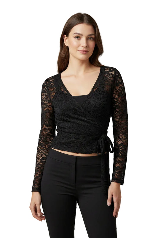 Repertoire black lace wrap top, size 10