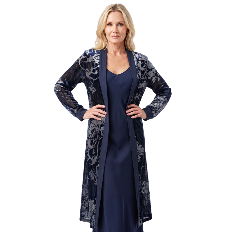 HIRE-blue silver/ gold thread coat, size L/14