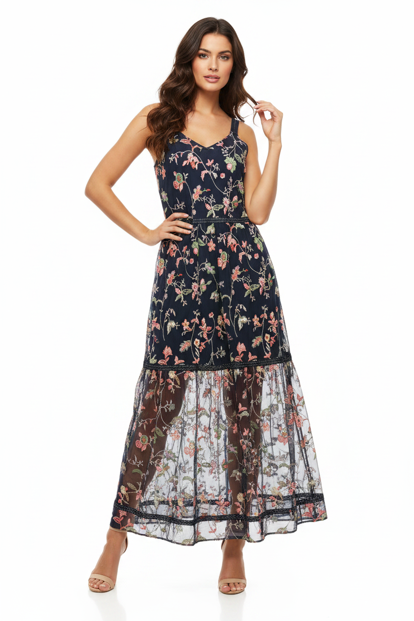 HIRE-Loobies Story navy embroidered floral dress, size 10-12