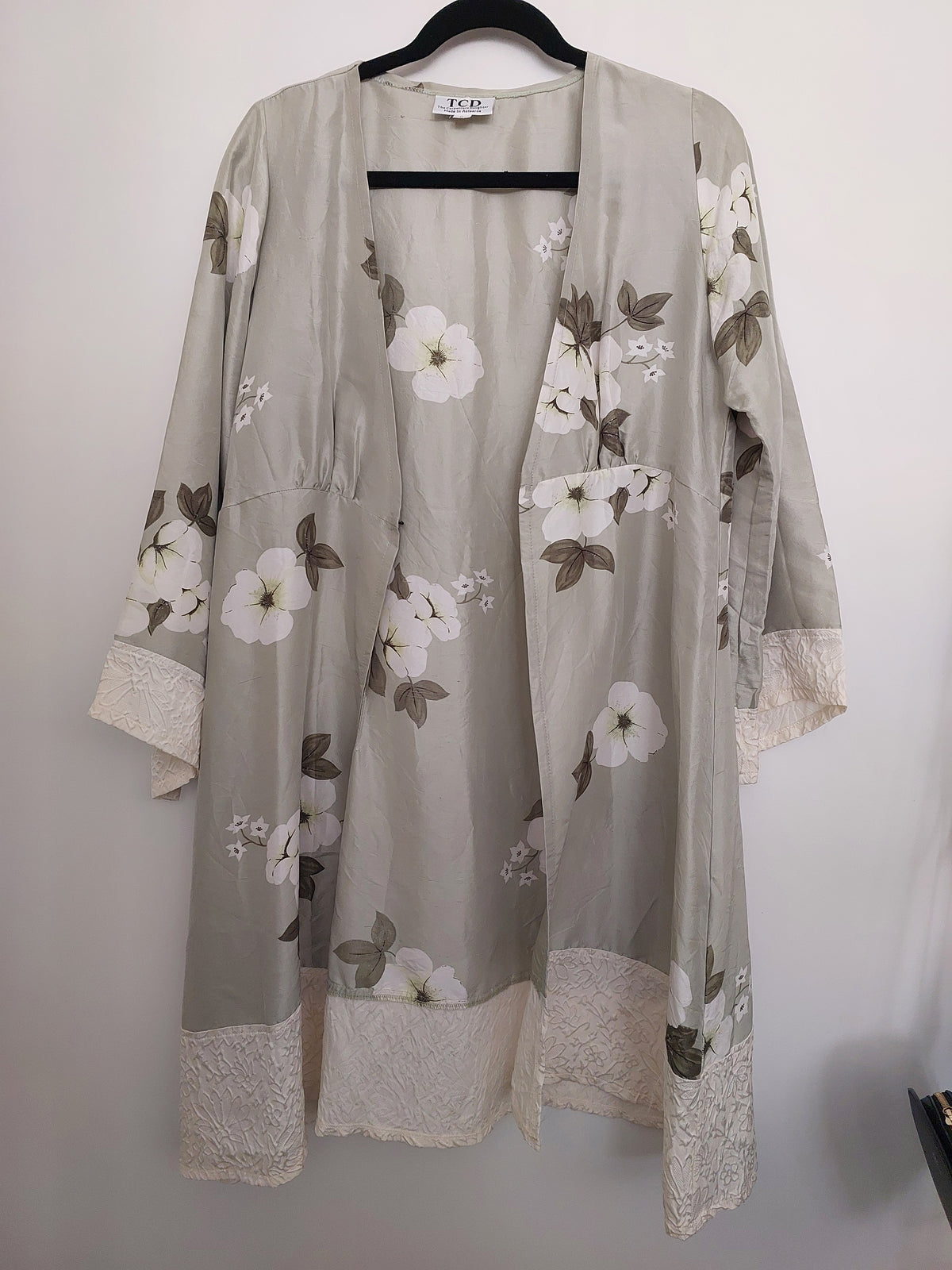 TCD pale green floral silk duster coat, size 10