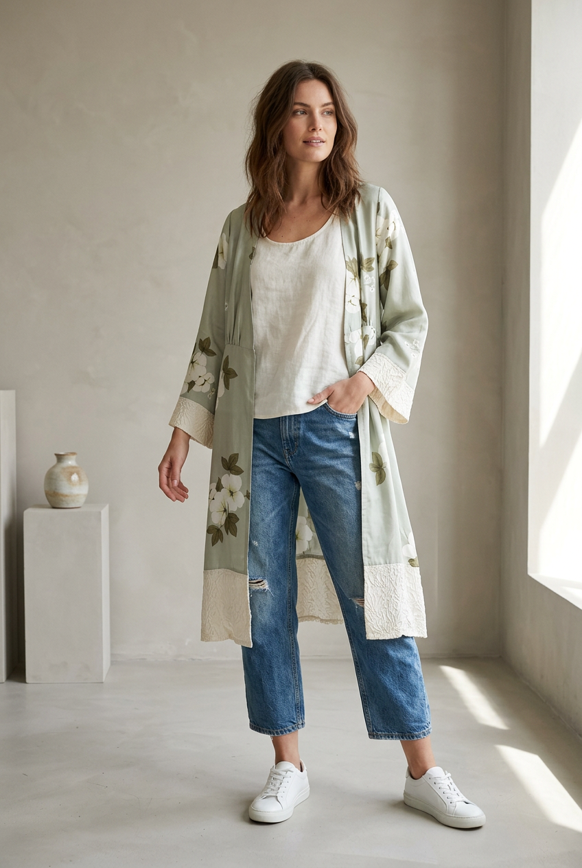 TCD pale green floral silk duster coat, size 10