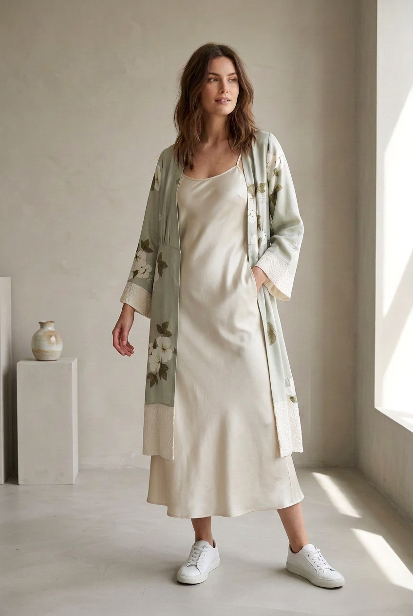 TCD pale green floral silk duster coat, size 10