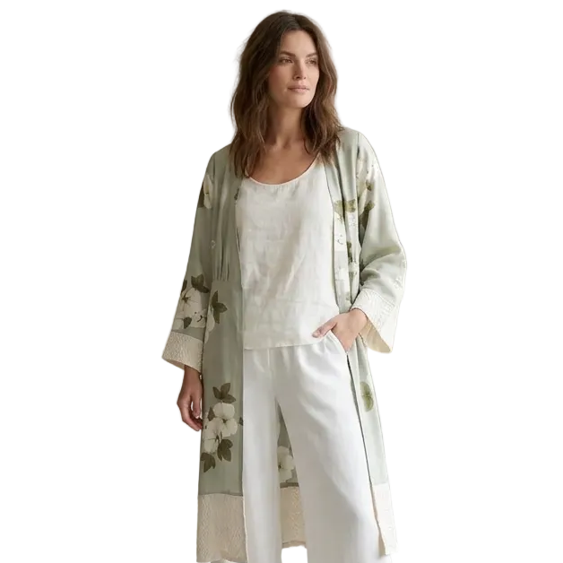 TCD pale green floral silk duster coat, size 10