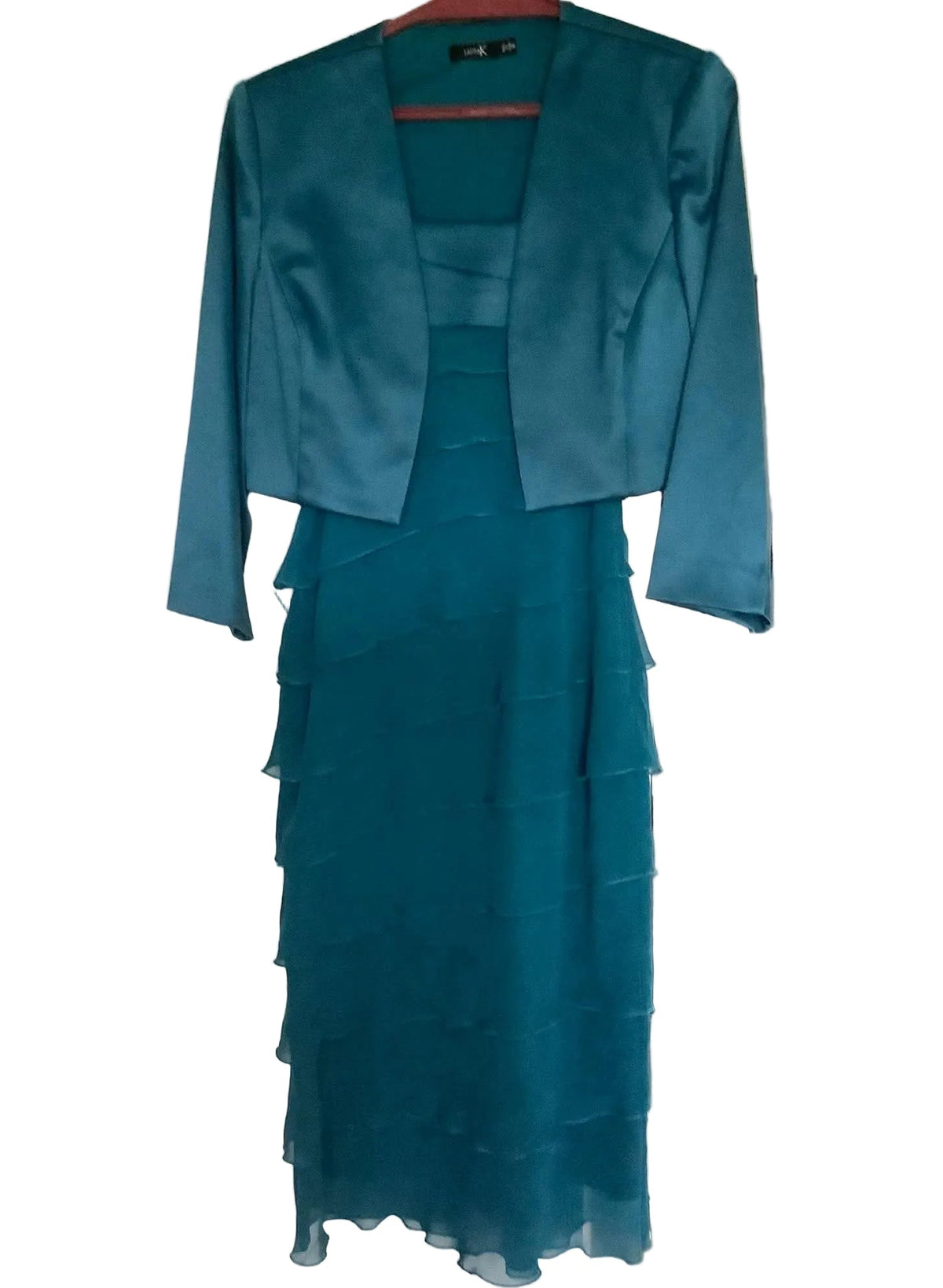 Laura K teal Mother of the bride dress, jacket & fascinator, size 8