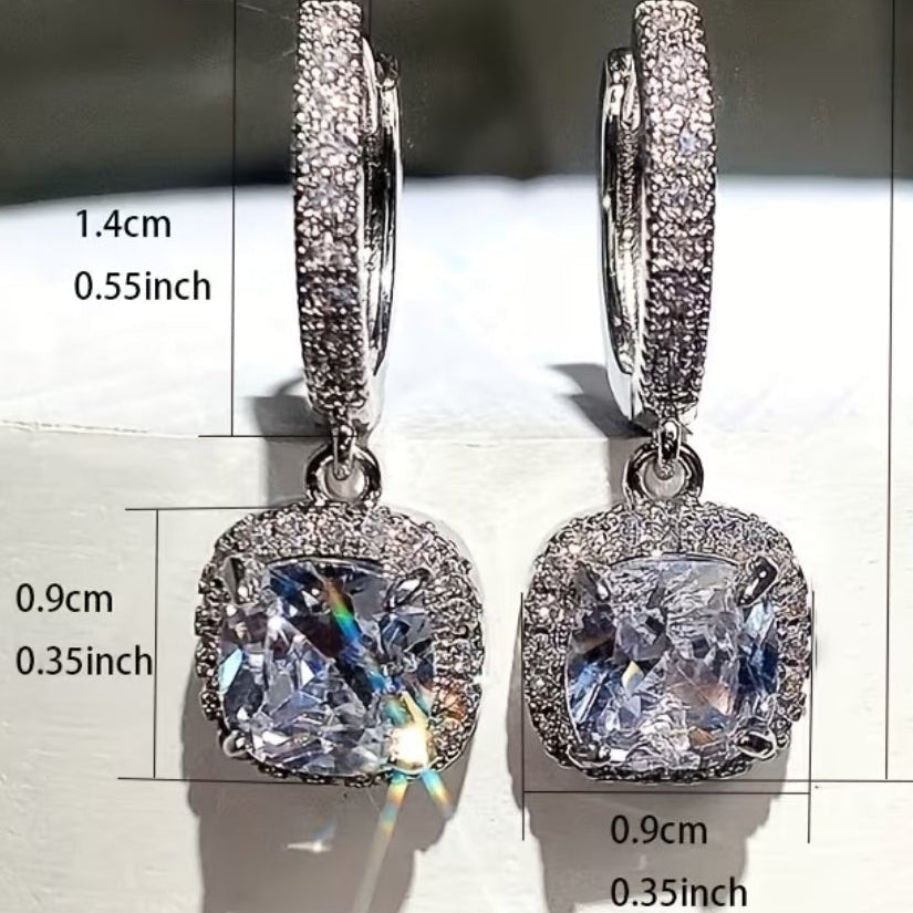 NEW white gold plated CZ square drop earrings