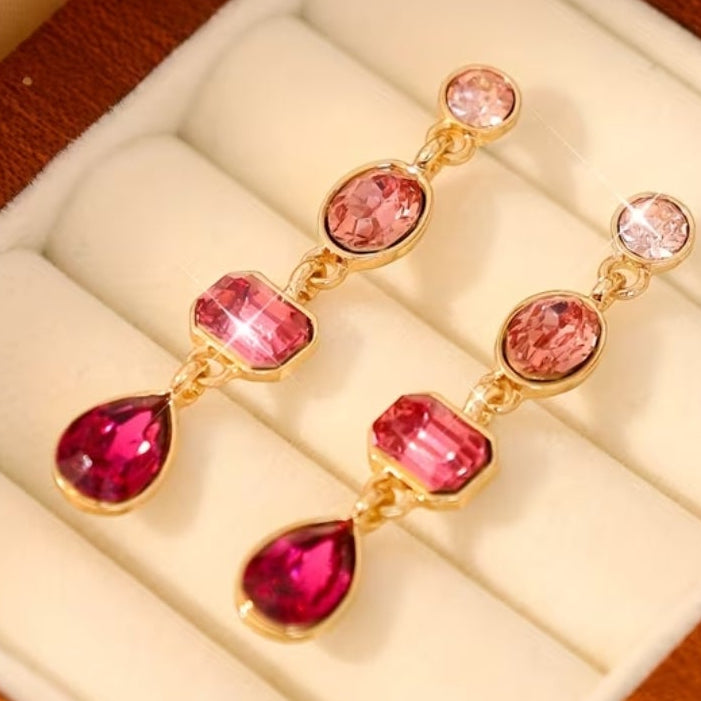 New 4 tone pink crystal drop earrings, gold plated