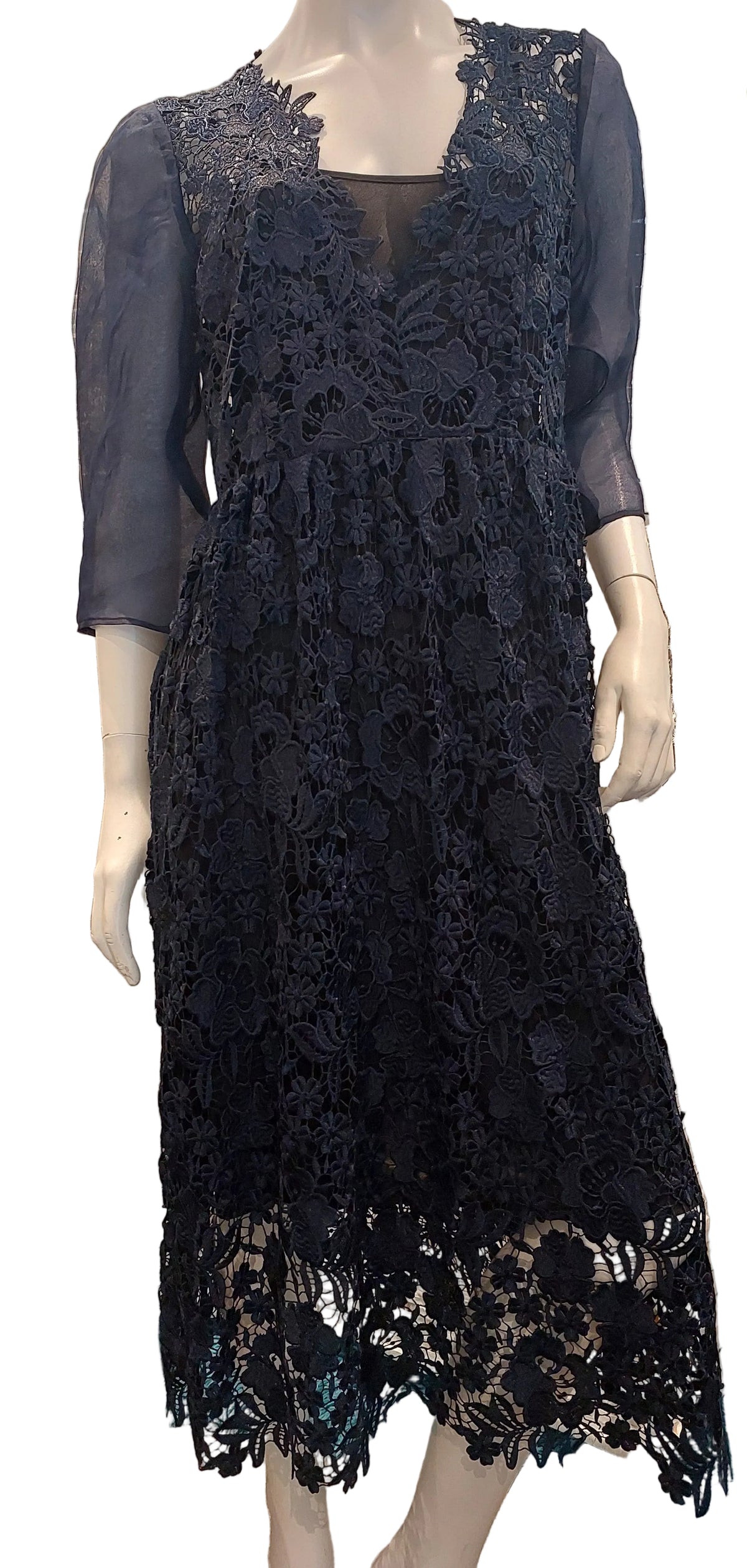 HIRE-Kate Sylvester designer navy blue lace dress, size 14