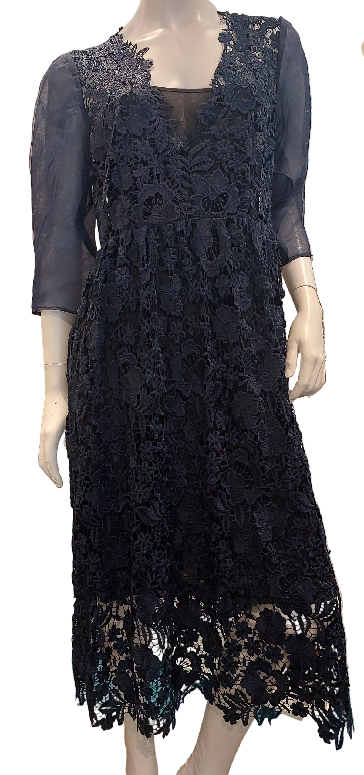 HIRE-Kate Sylvester designer navy blue lace dress, size 14