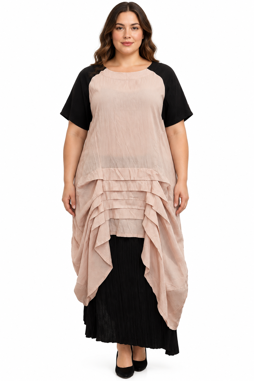 Cameo beige & black high low dress, size L/14-16