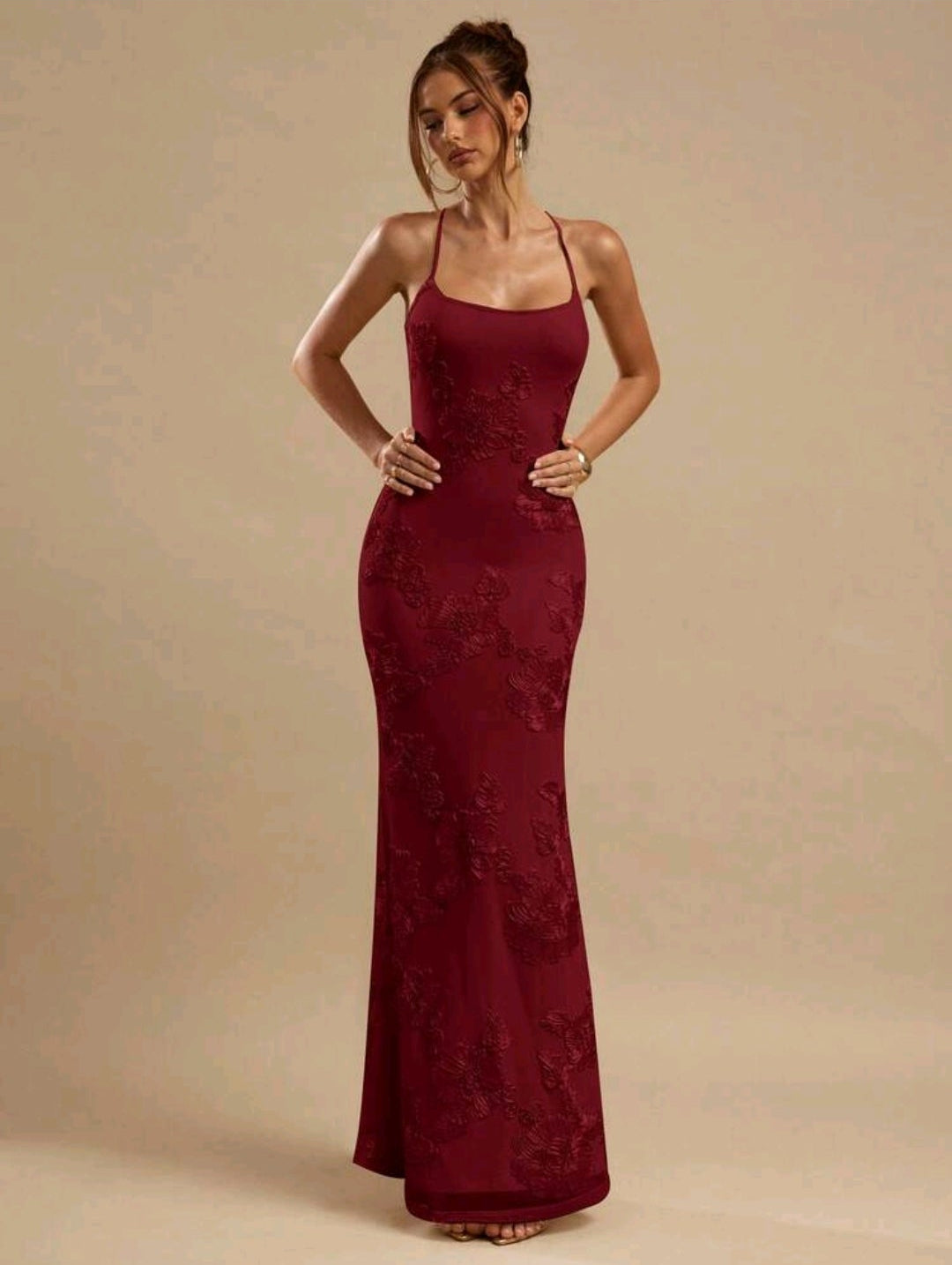 New Burgundy embroidered flowers formal/party dress, size 6-8
